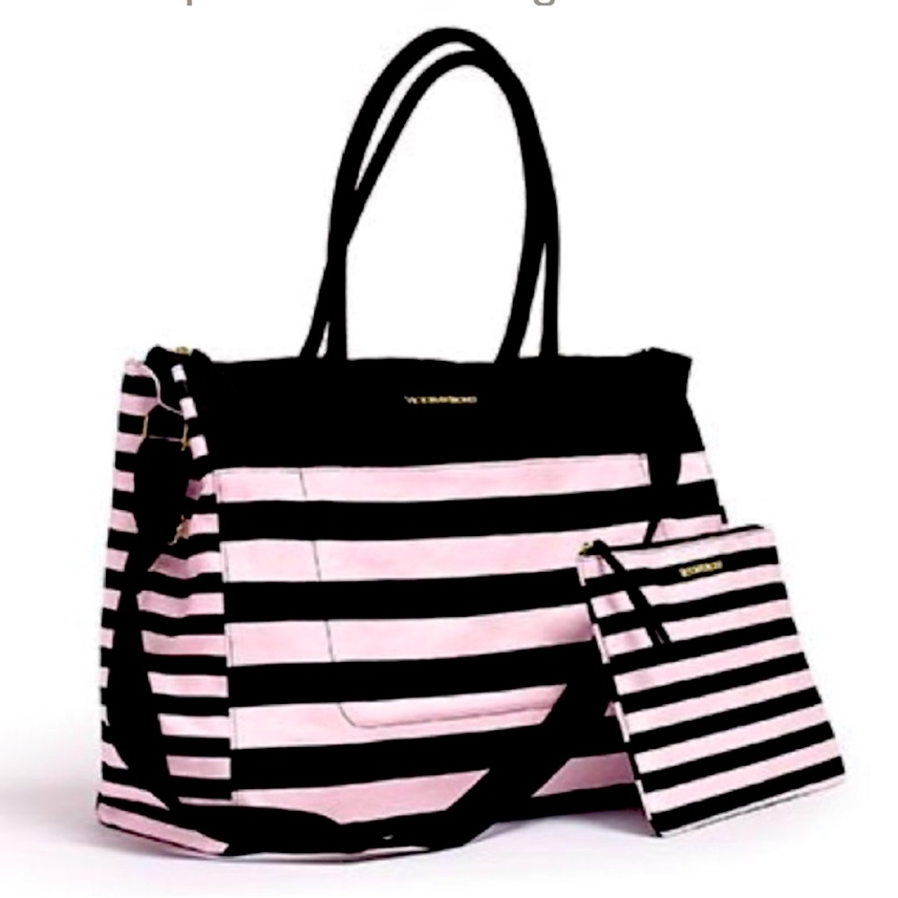 NWOT VICTORIAS SECRET WEEKEND TRAVEL TOTE BAG & COSMETICS BAG PINK STRIPE